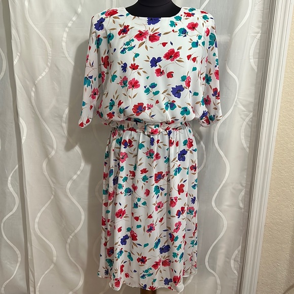 Pellini Petites Dresses & Skirts - Vintage, Pellini Petites By Von Bramlett, White & Floral Print Dress, Size 13/14
